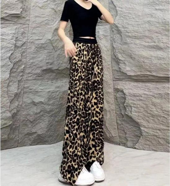 Calças femininas gelo seda larga pernas verão fresco cintura alta drapeado chão arrastando leopardo padrão solto casual