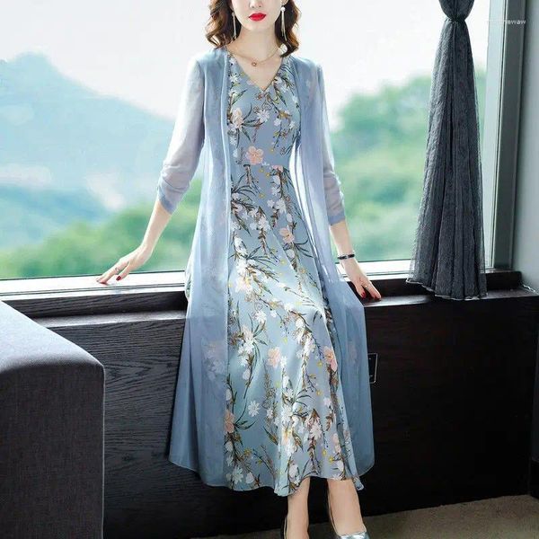 Abiti da lavoro Abito da donna in chiffon con stampa vintage Cardigan 2024 Abito estivo in due pezzi Elegante set lungo da donna con fiori