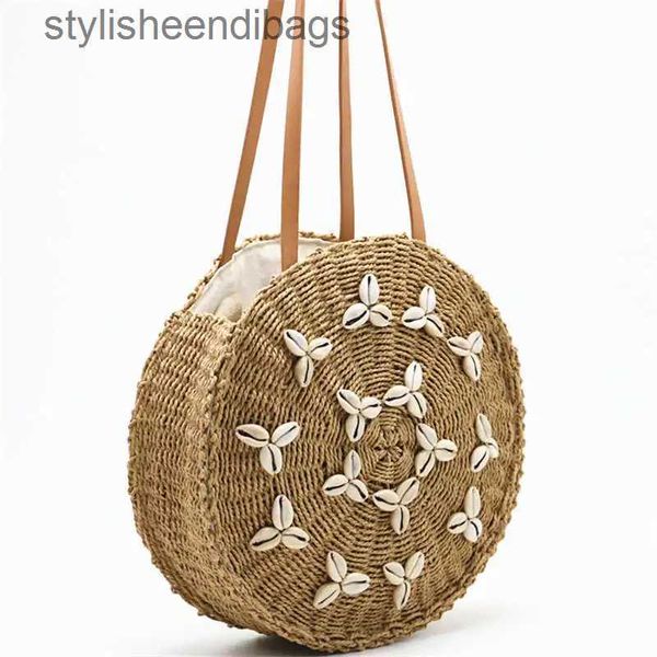 Sacos de ombro Rodada Str Praia Bolsa Verão Tecido Shell Handmade Bolsa de Ombro Meninas Círculo Rattan Trançado Detalhe Sacola Com ZipperStylisheendibags