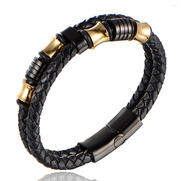 Braccialetti a maglie Gioielli retrò Uomo Acciaio inossidabile 316L Bracciale in pelle intrecciata tono nero Bracciale con chiusura magnetica Regalo vintage