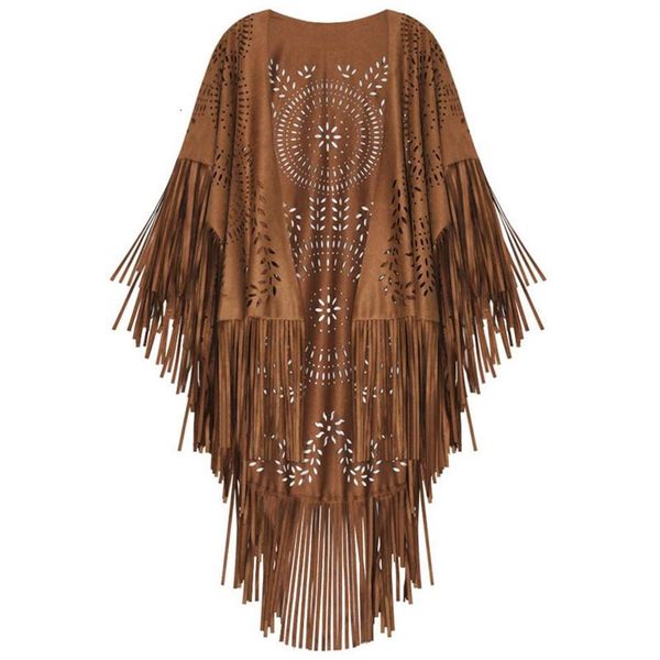 Scialli Cammello Pelle scamosciata Floreale Scava fuori Frange Scialle con nappe Donna Mantelle vintage Poncho Autunno Cardigan boemo Mantello Boho 230201219s