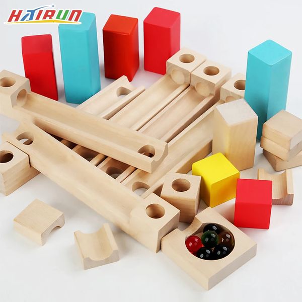 28 Stücke Holz Runway Rolling Ball Track Blocks Kinder Pädagogische Zusammengebaute DIY Gebäude Rohr Spielzeug Kinder Geschenke 240110