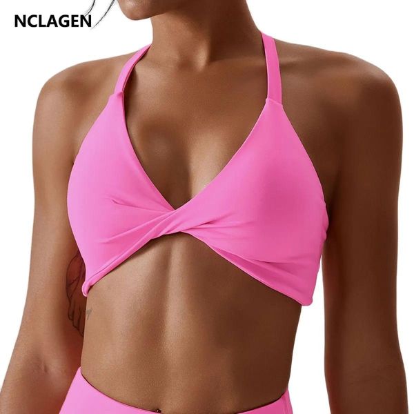 Set Nclagen Yoga Sport-BH Damen Neckholder Crop Tops Pushup Mittlere Unterstützung Crossover Enganliegend Übung Laufen Fiess Bikini