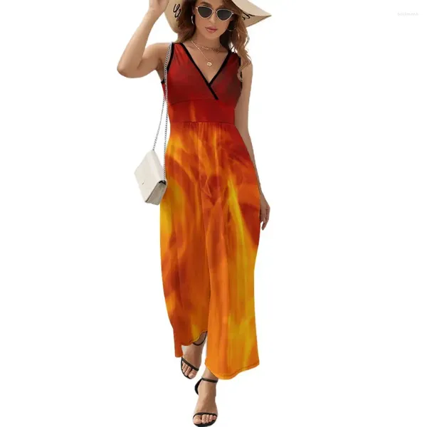 Vestidos casuais vermelho fogo chama arte vestido senhorassexy maxi v pescoço cintura alta streetwear design boho praia longo