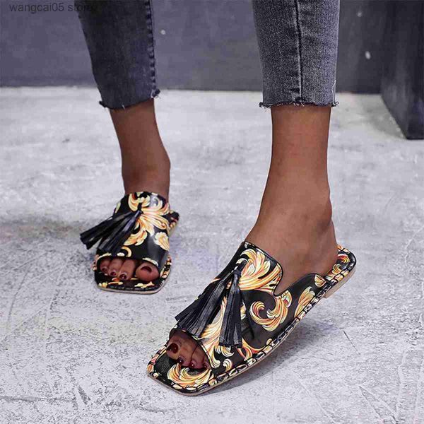 Pantofole 2023 Estate nuove donne stampate nappe sandali One Step tacco piatto stile etnico casual partito PU sandali e pantofole moda T240110