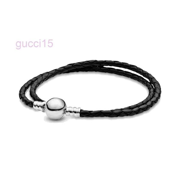 Gioielleria raffinata Autentico argento sterling 925 Braccialetti con ciondoli adatti Momenti di ciondoli Doppio pendente con catena di sicurezza in pelle nera rosa Perline fai da te OSRC