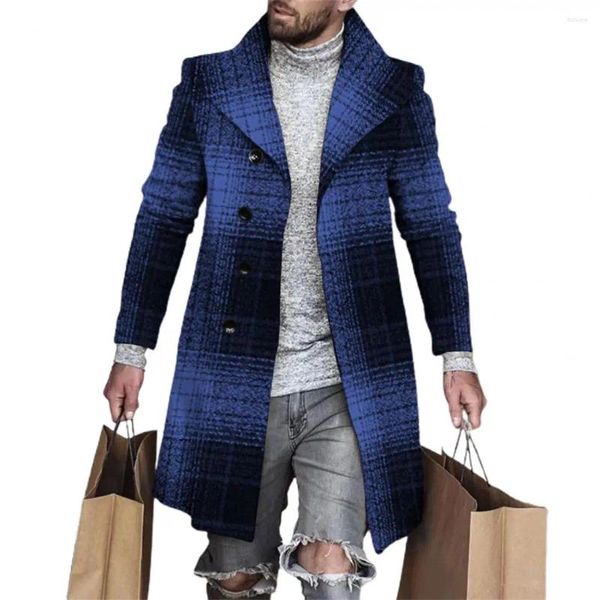 Casacos de Trench Masculinos Soltos Fit Jaqueta Casual À Prova de Vento Anti-congelamento Clássico Homens Xadrez Impressão Longo Tipo Espessado Lã Windbreaker