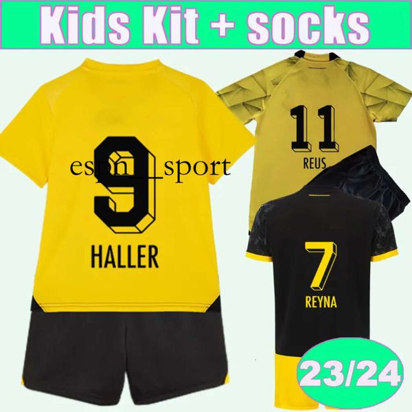 espnsport 2023 24 HAZARD Kit per bambini Maglie da calcio CUP JERSEY REUS HAALAND BRANDT HUMMELS Home Giallo Away Completo da bambino Maglie da calcio Uniformi a maniche corte