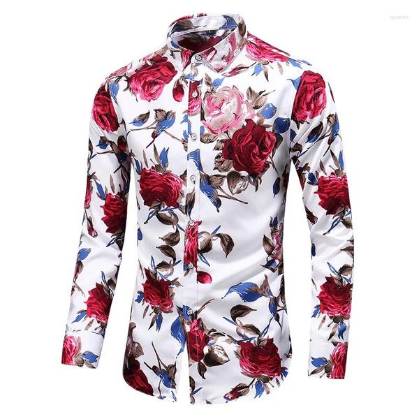 Camisas casuais masculinas outono manga longa camisa havaiana moda flor impressa plus size floral para homens escritório de negócios 7xl