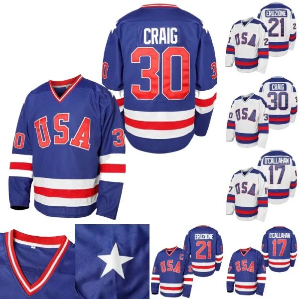Herren 1980 USA Miracle on Ice Hockey Trikot #17 Jack Ocallahan #21 Mike Eruzione #30 Jim Craig Hockey Trikots S-Xxxl auf Stock Blue White