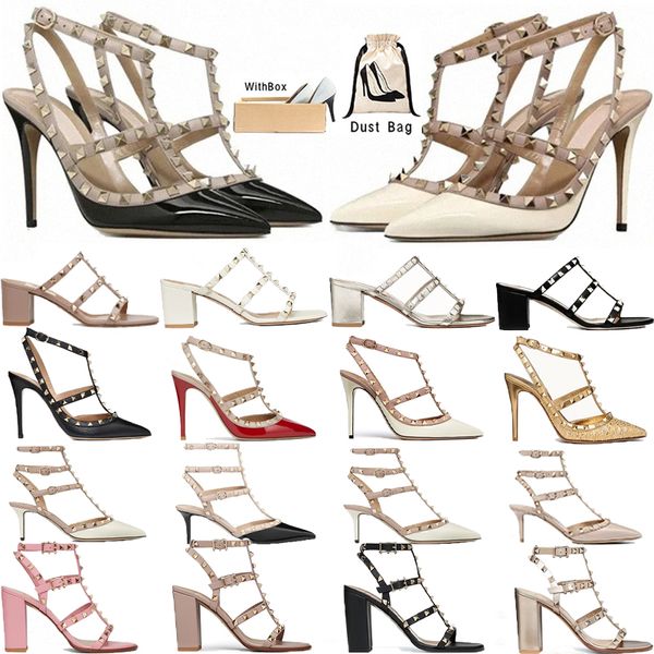 Designer-Damen-High-Heels-Sandalen mit Spikes, Kleidschuhe, Lackleder, spitze Zehen, Peeptoes, sexy Stiletto-Absatz, 6,5 cm, Damen-Pumps mit matten Nieten