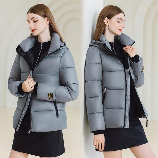 Casacos de Trench das Mulheres Jaqueta de Inverno para Mulheres Estilo Coreano Moda Com Capuz Zíper Curto Parkas Mulher Grosso Para Baixo Algodão Acolchoado Casaco Feminino