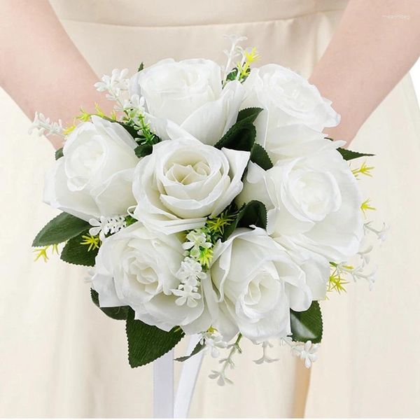 Fiori decorativi Bouquet da sposa Rosa Perla artificiale PE Seta Bianco Rosso Forniture per mani da damigella d'onore