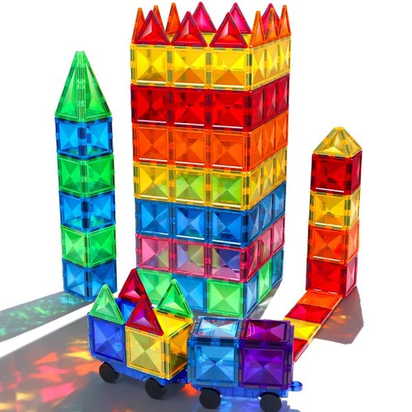 Montessori brinquedos educativos blocos de construção magnéticos crianças diy conjuntos construção estrela diamante telhas para crianças presente 240110