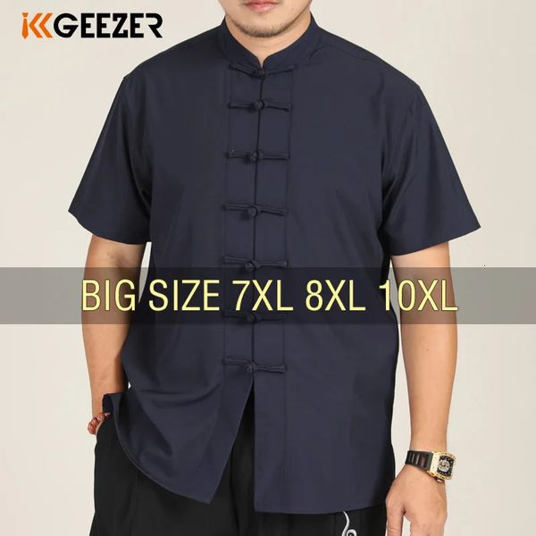 Camisa masculina gola mandarim estilo chinês manga curta verão oversize 6xl 7xl 8xl 10xl plus size formal preto branco casual retro 240109