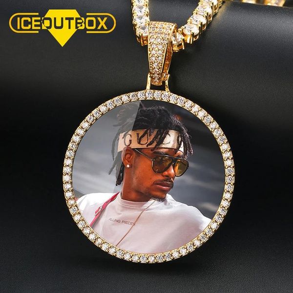 Collane Foto personalizzata calda Collana con pendente rotondo di grandi dimensioni Personalità Uomo Zircone cubico Gioielli Hip Hop Catena da tennis da 4 mm Regalo in argento dorato