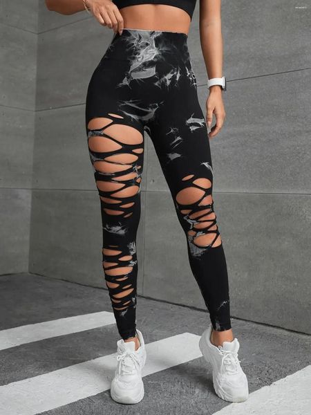 Kadın Pantolon Yoga Kadın Sakinsiz Kravat Boyalı içi boş sıkı yüksek bel kalça kaldırma spor fitness pantolonlar hızlı kurutma spor salonu tozluk 2024