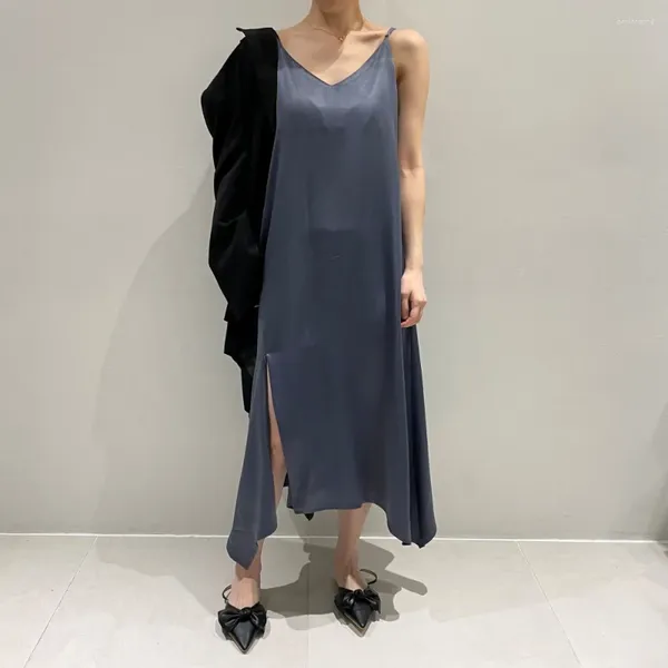 Sıradan Elbiseler Kadınlar Yaz Düzensiz Uzun Sling Elbise Yarık Hemline V Boyun Kolsuz Spagetti Kayış Midi Sundresses Kore Stil