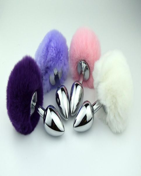 Plug anale in metallo medio in acciaio inossidabile Coda di coniglio sexy Bunny Pompon Coda di volpe Butt Plug Prodotti del sesso unisex Giocattoli del sesso anale1691783