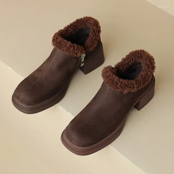 Kleidschuhe Heihaian Loafer 2024 Geeignet für Winterleder Plus Samt Einzelner quadratischer Kopf Dicke Sohle Retro-Stil Frauen