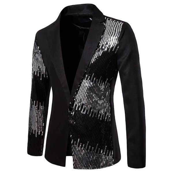 stile lucido nero con paillettes glitter cappotti da uomo slim fit giacca con bottone singolo giacca da uomo party stage cantante blazer S-2XL 240109