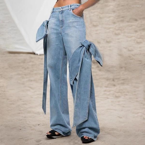 Jeans pour femmes 2024 Printemps Vintage Lavé Vieux Couture Bow Design Taille Haute Minceur Droit Bleu Vêtements