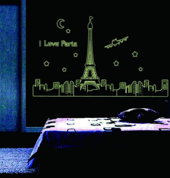 Paris noite torre eiffel decoração luminosa adesivos de parede casa sala estar quarto decalques brilham no escuro1645221