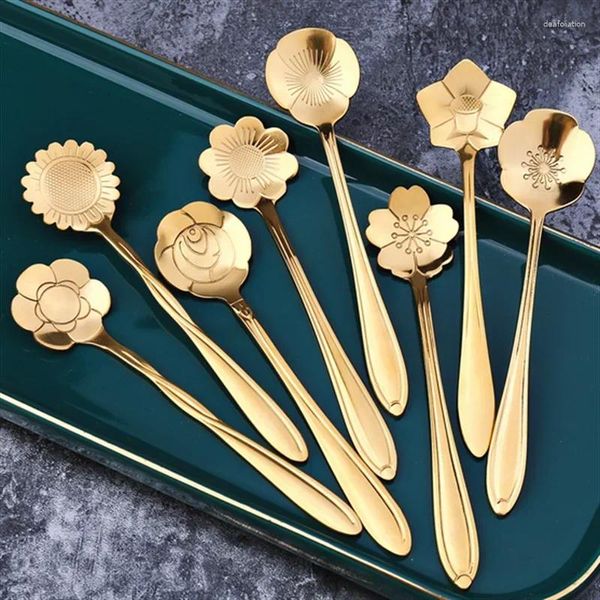 Cucchiai 1 pezzo Set di cucchiai di fiori Cucchiaino piccolo Caffè Carino Gelato Dessert Argento Oro Acciaio inossidabile per il tè