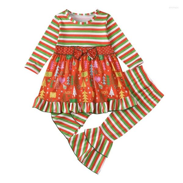 Kleidungssets Baby Mädchen Weihnachten Gestreifte Schleife Langes Oberteil Mikro ausgestellte Hose mit elastischer Taille Set 0-5 Jahre Kind 2-teiliges Outfit