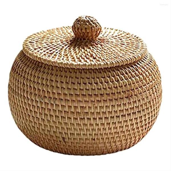 Scatola rotonda in rattan per decorazioni per feste con coperchio, cestino da tavolo multifunzionale per riporre oggetti intrecciati a mano per la casa