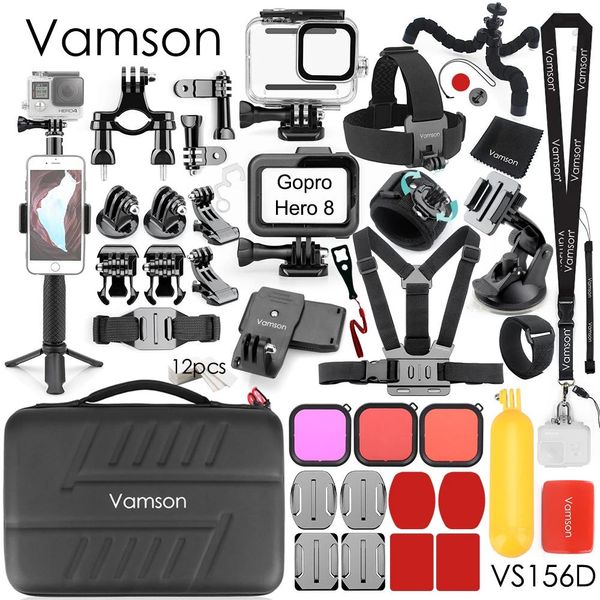 Einbeinstative Vamson für Gopro Hero 8 Schwarz Zubehör-Kits mit wasserdichtem Gehäuse Einbeinstativ Stativ Brustgurt für Gopro 8 Kamera Vs156