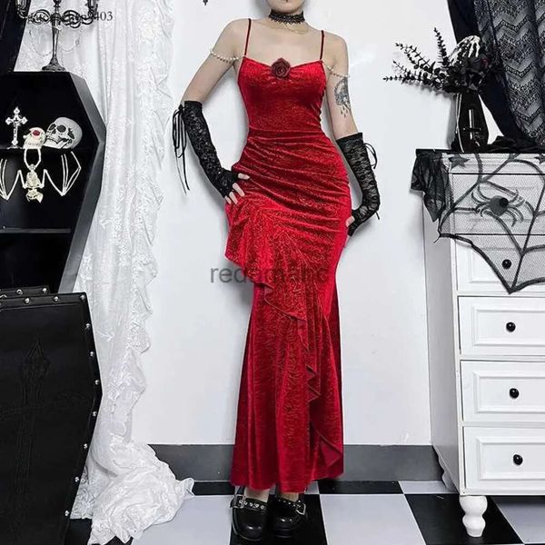 Dunkle Basic-Gothic-Freizeitkleider Vintage-Gothic-elegante Meerjungfrau-Abendkleider mit Rüschensaum, formell, weiblich, sexy Partykleidung, Grunge-rotes Samt-Herbstkleid YQ231218 ic