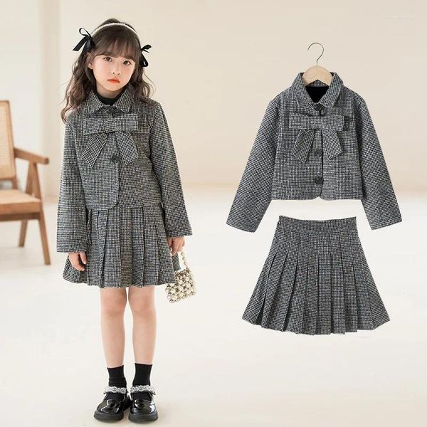 Set di abbigliamento 2 pezzi Vestito per ragazze adolescenti Vestiti Jk Giacca scozzese con fiocco Giacca Gonna a pieghe Bambini Abiti per bambini Pied de poule 8 9 10 11 12 ANNO