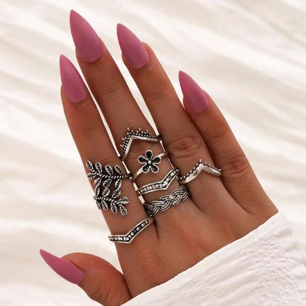 Cluster Anéis Boho Vintage Cor Prata Flor Midi Moon Set para Mulheres Weave Knuckle Joint Finger Ring 2024 Feminino Bohemian Jóias Presente