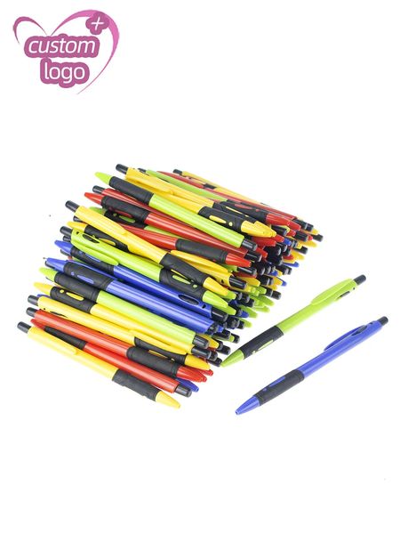 Lote 100 peças de canetas esferográficas retráteis de plástico personalizadas, caneta esferográfica personalizada para presente, brinde promocional personalizado 240109