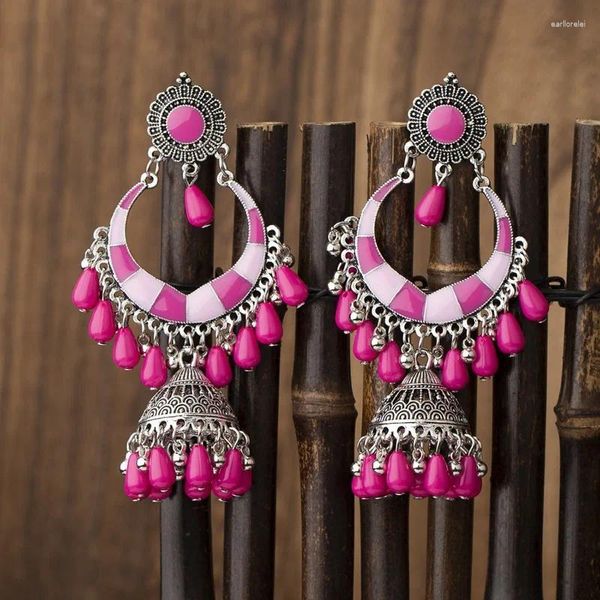 Baumelnde Ohrringe Vintage Glocke Jhumka trendige bunte Imitation Wasser Tropfen Form Rose rot Perlen Quaste Ägypten Schmuck