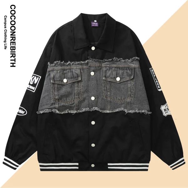 Vintage varsity jaqueta masculina feminino solto retalhos denim jaquetas harajuku bombardeiro outono moda casual bordado casaco 240110