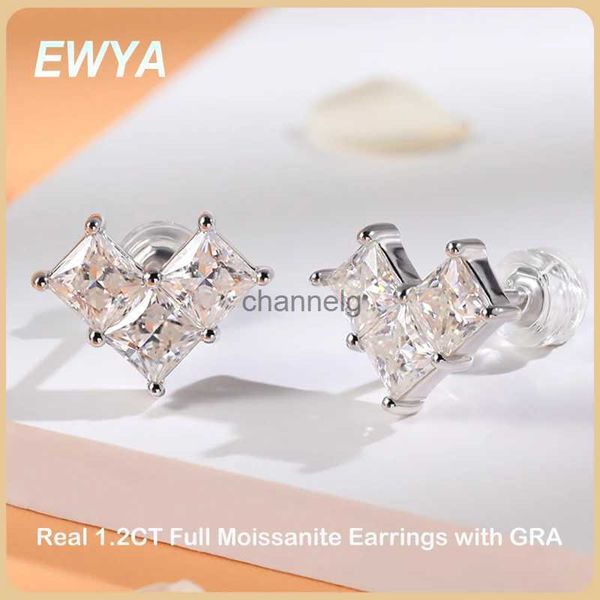 Stud Ewya Köpüklü 1.2ct Prenses Kesim Moissanit Stud Küpe Kadınlar için S925 STERLING Gümüş Square Elmas Küpe Güzel Takı YQ240110