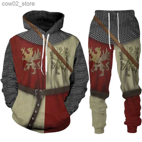 Fatos masculinos Cavaleiro Templário Tatuagem 3D Impresso Hoodie / Conjunto Vintage Armadura Medieval Cosplay Venha Moda Harajuku Homens Streetwear Roupas Q230110