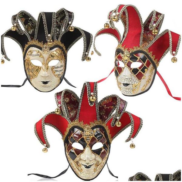 Maschere per feste Fl Face Uomo Donna Teatro veneziano Jester Crack Maschera mascherata con campane Mardi Gras Party Ball Halloween Cosplay Dh51D