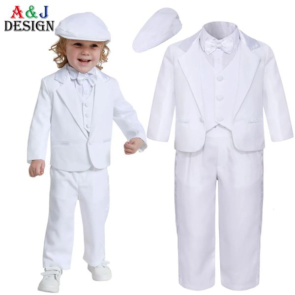 Bebê menino batismo roupa infantil branco batismo terno com chapéu criança festa de aniversário de casamento roupas de manga comprida smoking 5pcs 240109