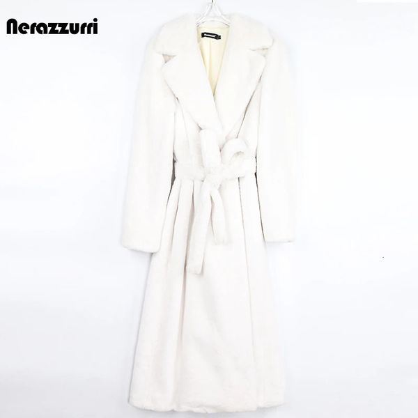 Nerazzurri зимнее длинное белое черное теплое пушистое пальто из искусственного меха женское с длинным рукавом с поясом и лацканами стильная корейская мода без пуговиц 240110