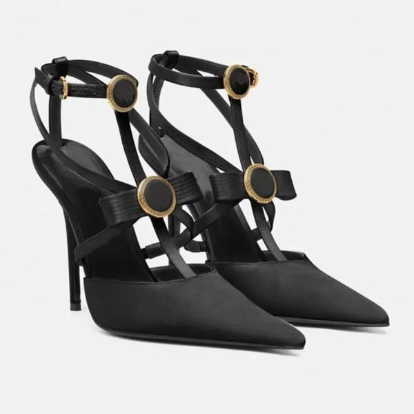 Elbise Ayakkabı Lüks Tasarımcı Kadınlar 2024 Saten Slingbacks Pink Gold Backle Stiletto Topuklu Elbise Ayakkabı Mahkemesi Pompaları Kadın Yüksek Topuklu Düğün Partisi Kutu 35-41