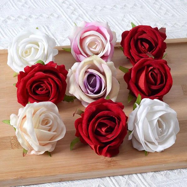 Flores decorativas 5 peças 7cm flor artificial dia dos namorados flanela rosa cabeça enrolada peito casamento decoração de parede arte floral