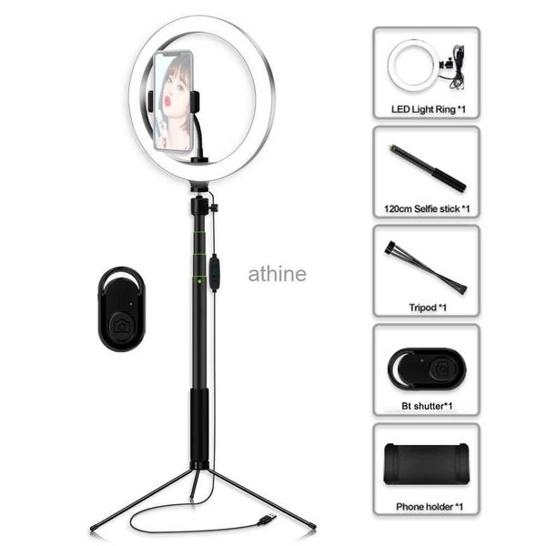 Testine flash 26 cm / 10,2 pollici Dimmerabile LED Anello Luce video Regolabile Selfie Stick Treppiede da tavolo Supporto per telefono cellulare Kit telecomando YQ240110