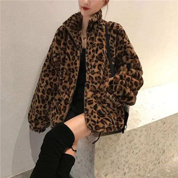 Kış leopar baskı ceket kadın standı yaka sıcak parkas dış giyim sonbahar kış Koreli kadın gevşek sahte kürk ceket 240110