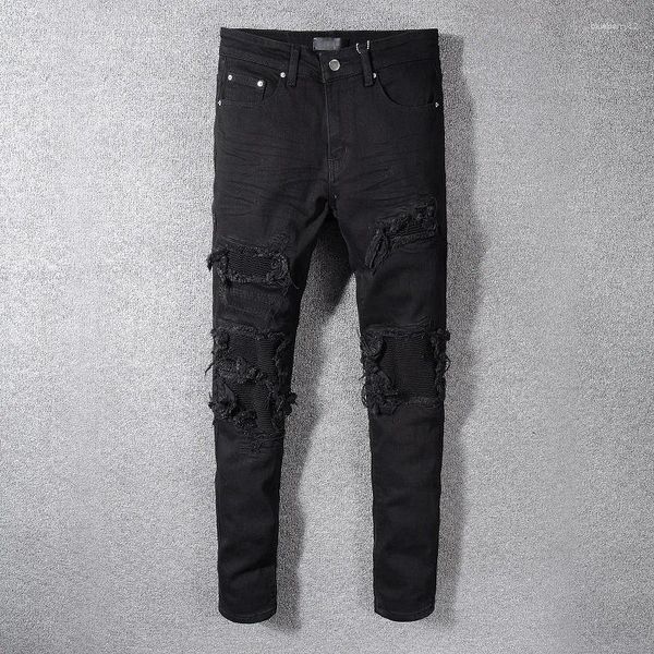 Calças de brim masculinas moda preto angustiado fino ajuste streetwear costelas retalhos magro estiramento buracos calças de alta rua jeans rasgados