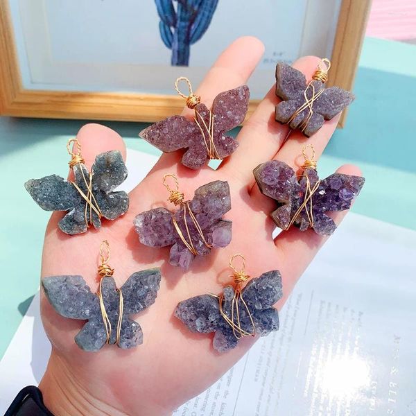 Anhänger Halsketten Personalisieren Geschenk Kristall Schmetterling Geschnitzt Folk Quarz Handwerk Amethyst Geode Metall Rose