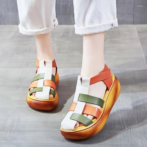 Sandálias 6cm Roma 2024 Mulheres Chinelos Moda Misturada Plataforma de Cores Designer Gancho de Verão Autêntica Elegância Sapatos de Couro Genuíno