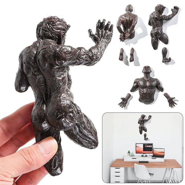 1 PZ 3D Attraverso La Parete Figura Scultura In Resina Imitazione Rame Carattere Astratto Ornamento Arte Della Parete Arrampicata Uomo Statua Complementi Arredo Casa 240109